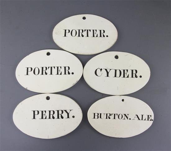 Five 19th century oval bin labels